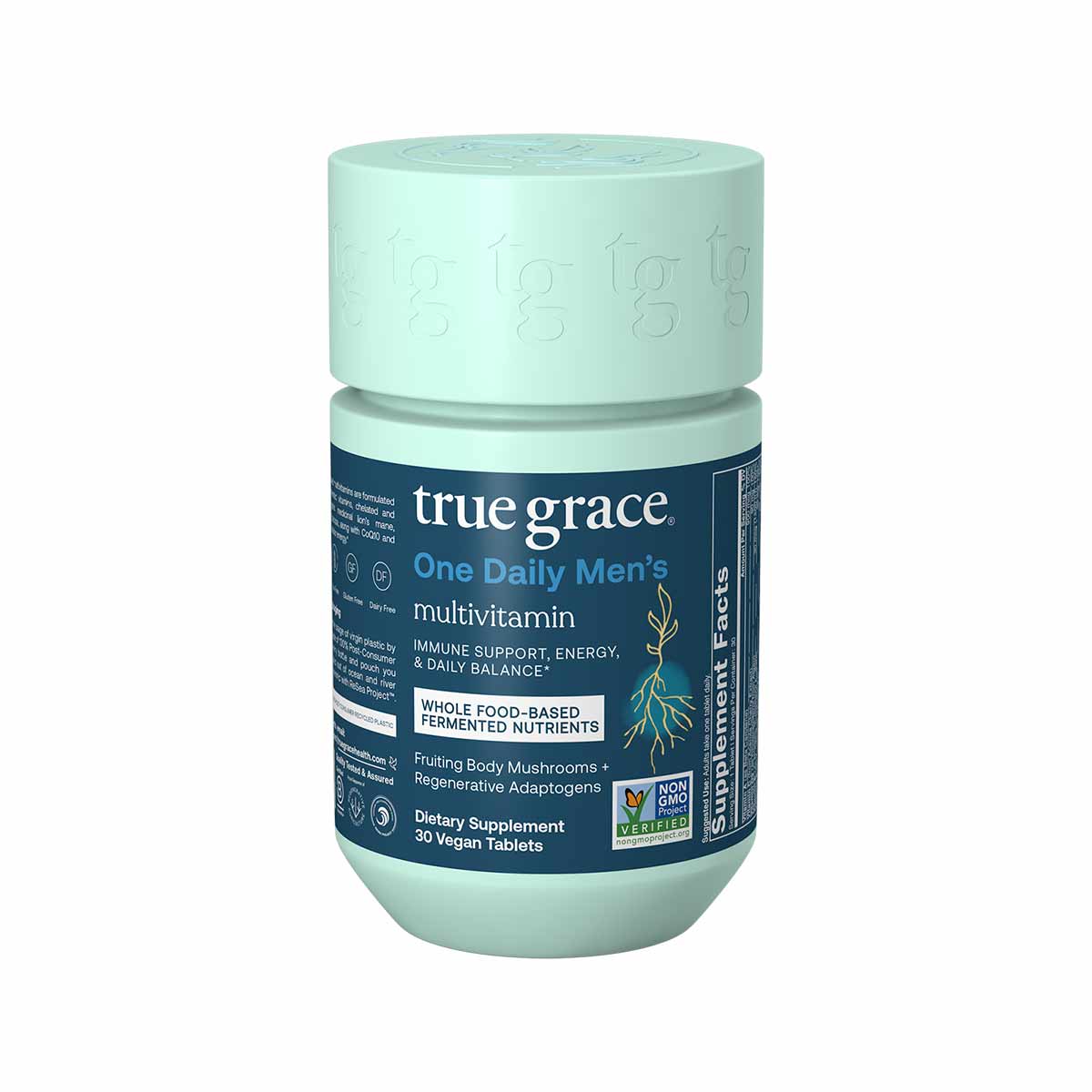 True Grace One Daily Men's multivitamin bottle with mint-green cap and dark blue label, containing 30 vegan tablets.