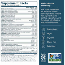 Supplement Facts label for True Grace One Daily Men's Multi tablet showing vitamins, minerals, and ingredient list.