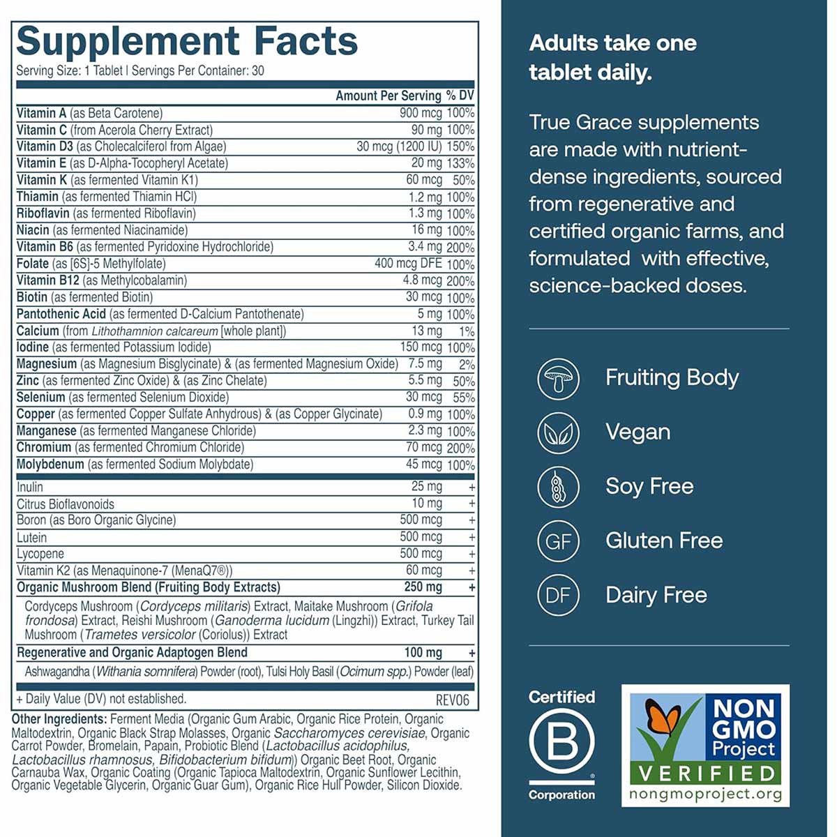 Supplement Facts label for True Grace One Daily Men's Multi tablet showing vitamins, minerals, and ingredient list.