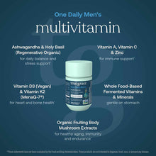 One Daily Men's multivitamin bottle by True Grace on teal background with ingredient callouts.