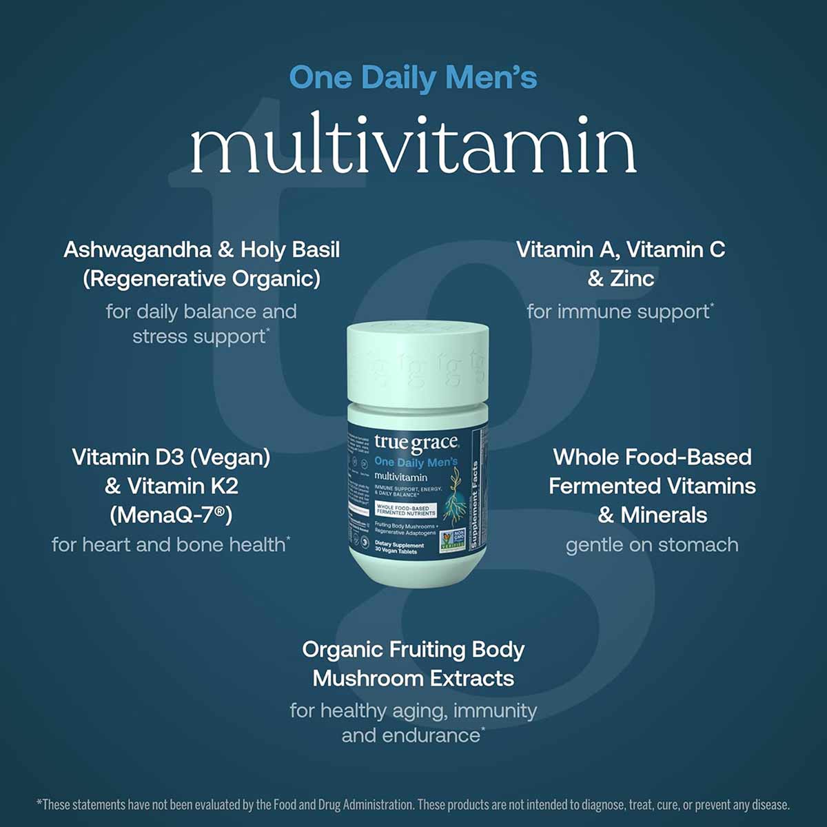One Daily Men's multivitamin bottle by True Grace on teal background with ingredient callouts.