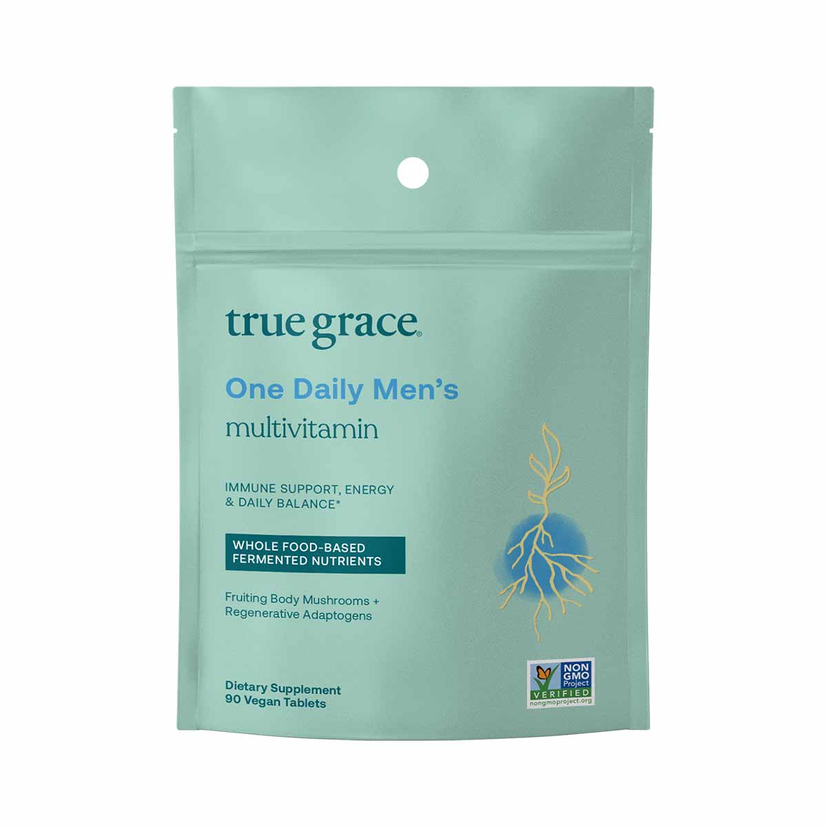 True Grace One Daily Men's multivitamin pouch containing 90 vegan tablets with whole food-based fermented nutrients.