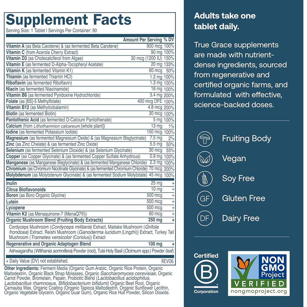 Supplement Facts label for True Grace One Daily Men's Multi vitamin tablet showing ingredients, daily values, and certificati