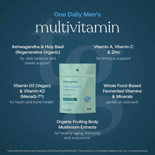 True Grace One Daily Men's multivitamin bottle with light green packaging and ingredient labels on dark teal background.