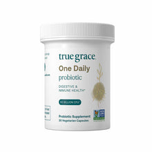 White bottle of True Grace One Daily probiotic supplement with ribbed cap and teal label showing 90 billion CFU and 30 vegeta