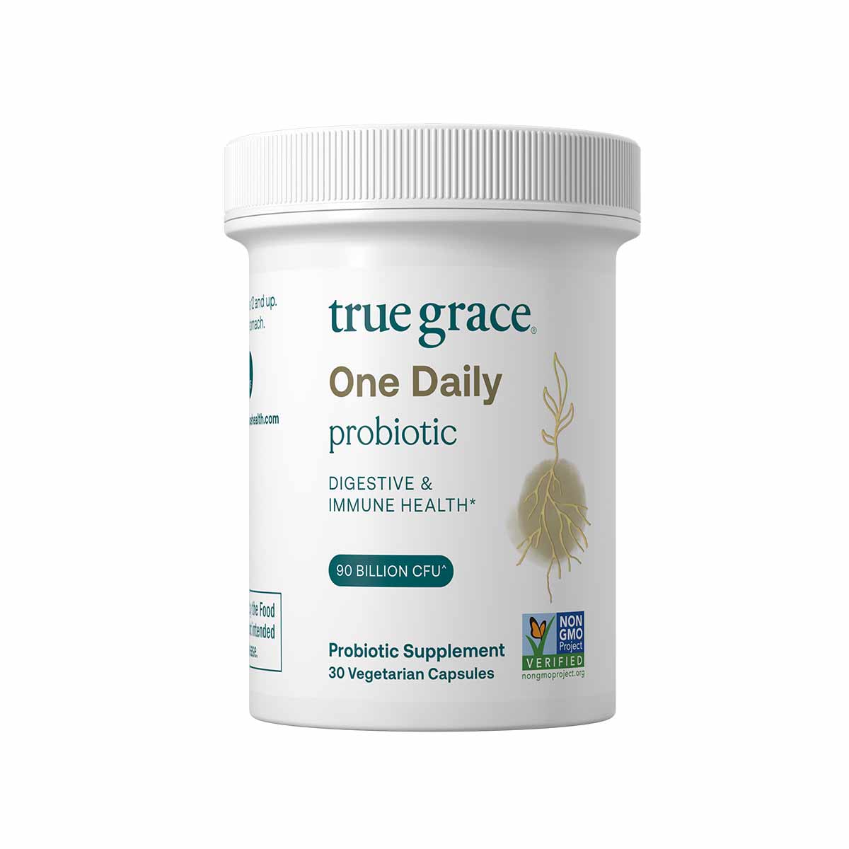 White bottle of True Grace One Daily probiotic supplement with ribbed cap and teal label showing 90 billion CFU and 30 vegeta
