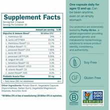 Supplement Facts label showing probiotic capsule ingredients including 90 billion CFU digestive blend, prebiotic acacia fiber