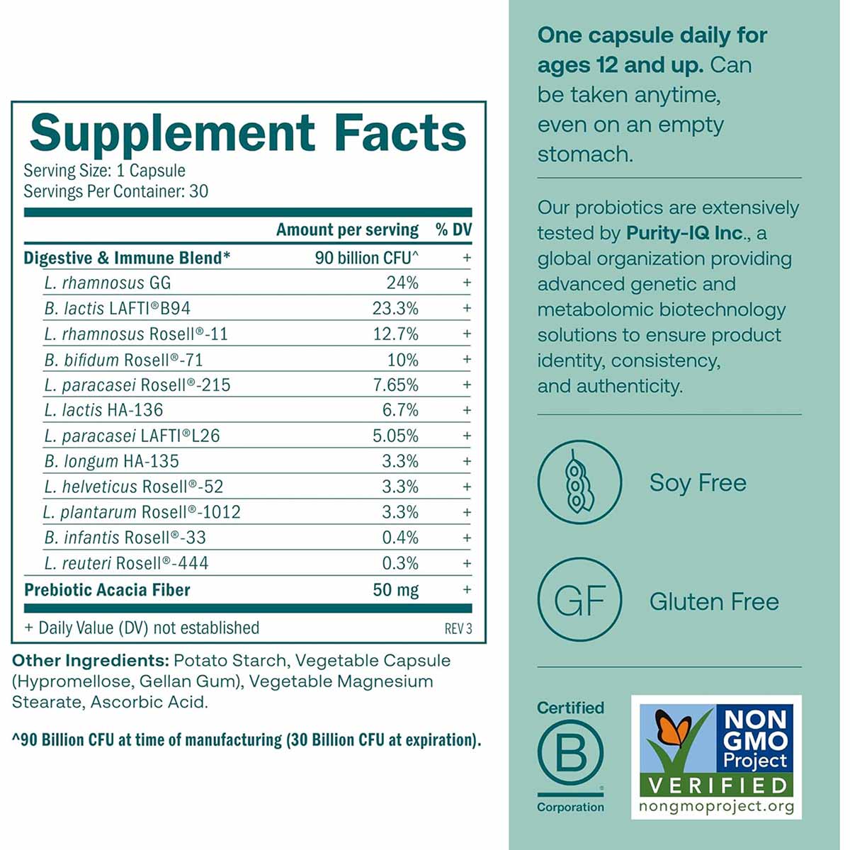 Supplement Facts label showing probiotic capsule ingredients including 90 billion CFU digestive blend, prebiotic acacia fiber