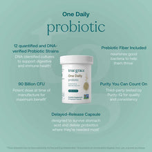 White bottle of True Grace One Daily probiotic supplement with label text on mint green background.