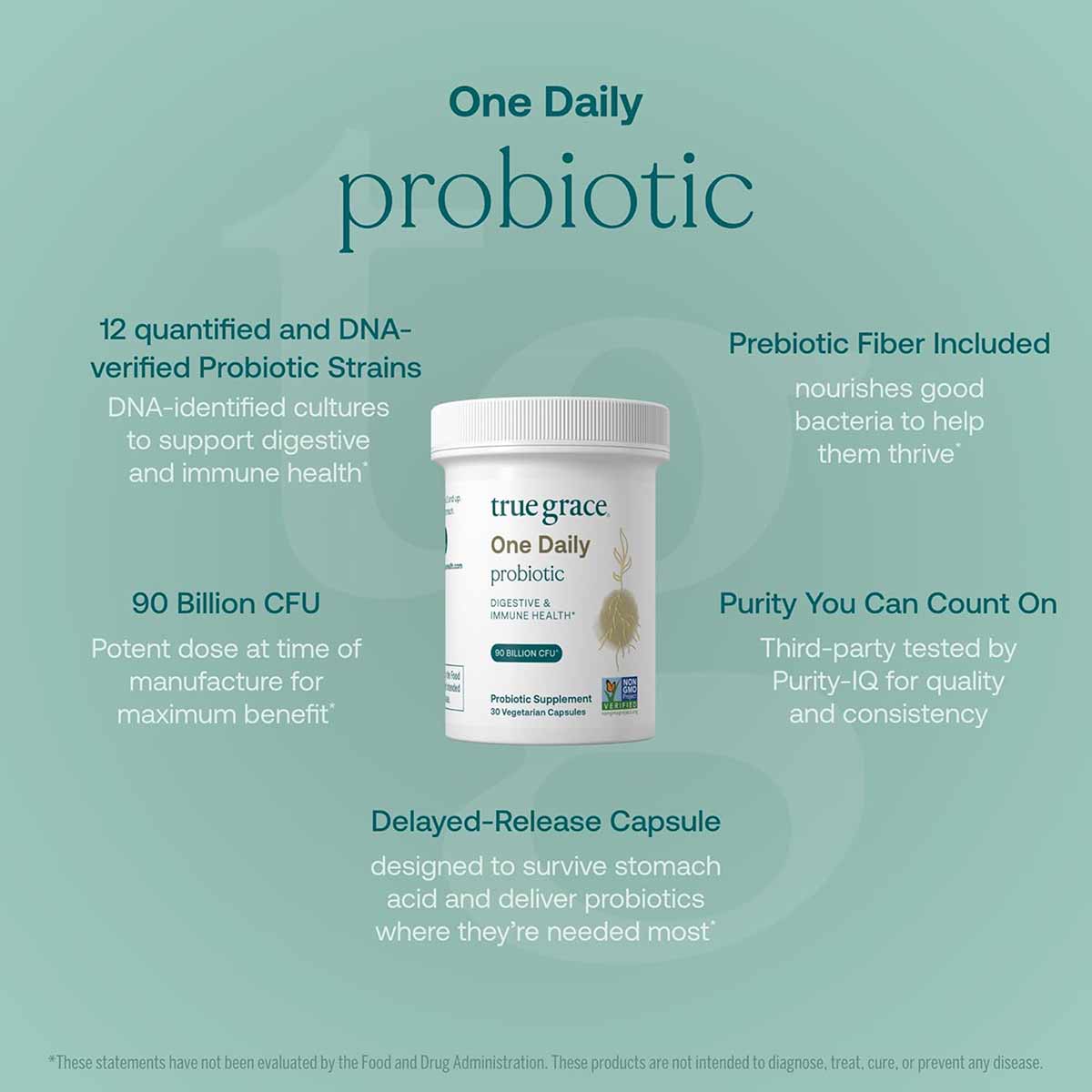 White bottle of True Grace One Daily probiotic supplement with label text on mint green background.