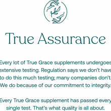 True Grace brand logo with circular botanical design and "True Assurance" text describing product testing standards.