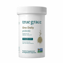 White cylindrical bottle of True Grace One Daily Probiotic with teal and tan text, containing 60 vegetarian capsules.