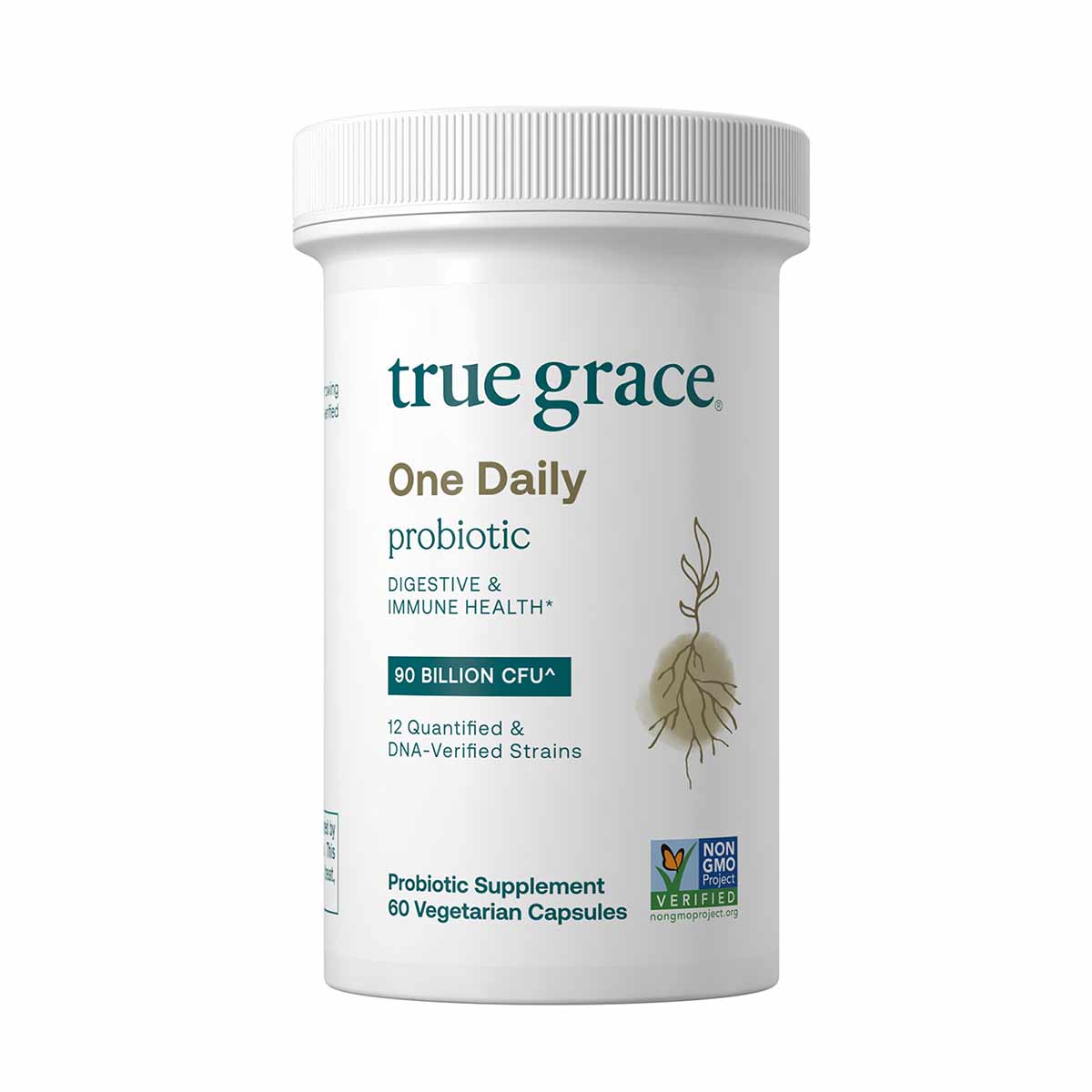 White cylindrical bottle of True Grace One Daily Probiotic with teal and tan text, containing 60 vegetarian capsules.