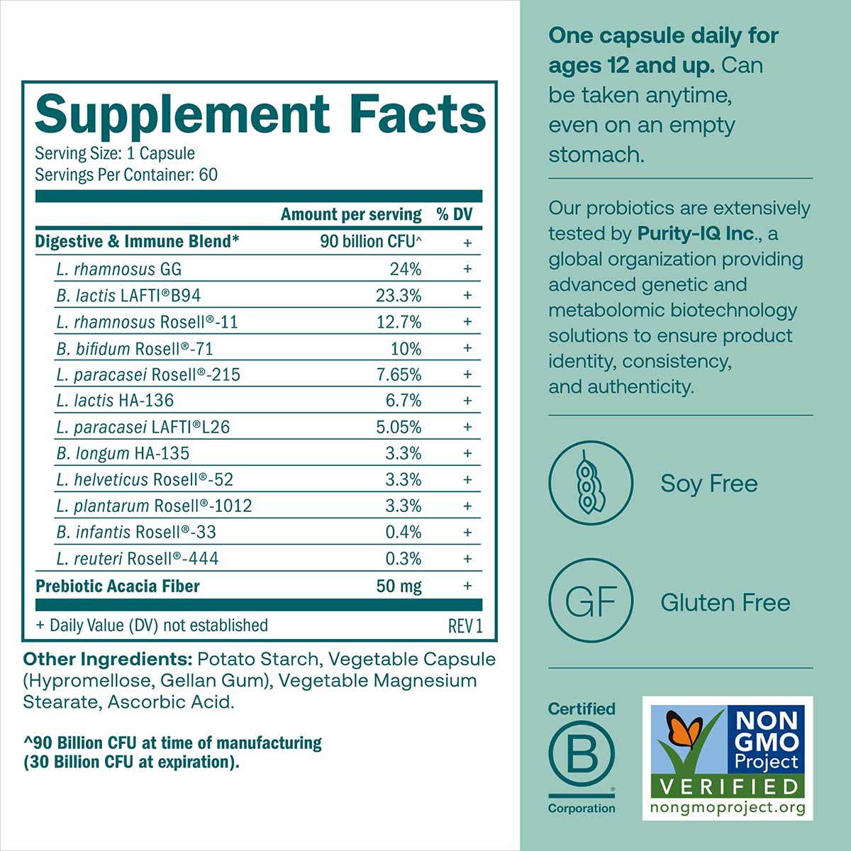 One Daily Probiotic supplement facts label showing 90 billion CFU digestive and immune blend with 12 probiotic strains, soy-f
