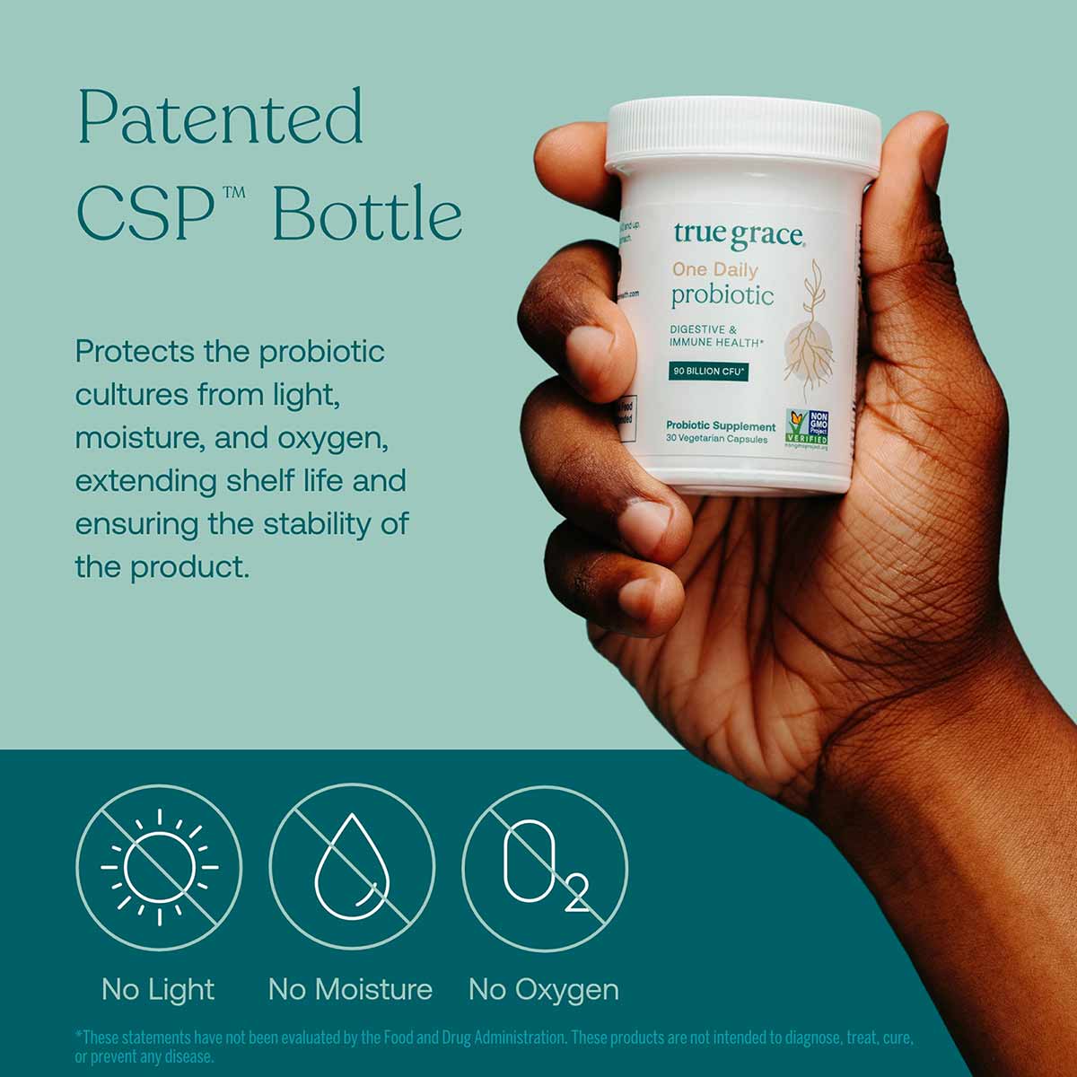 White bottle of True Grace One Daily probiotic supplement held in hand against turquoise background.