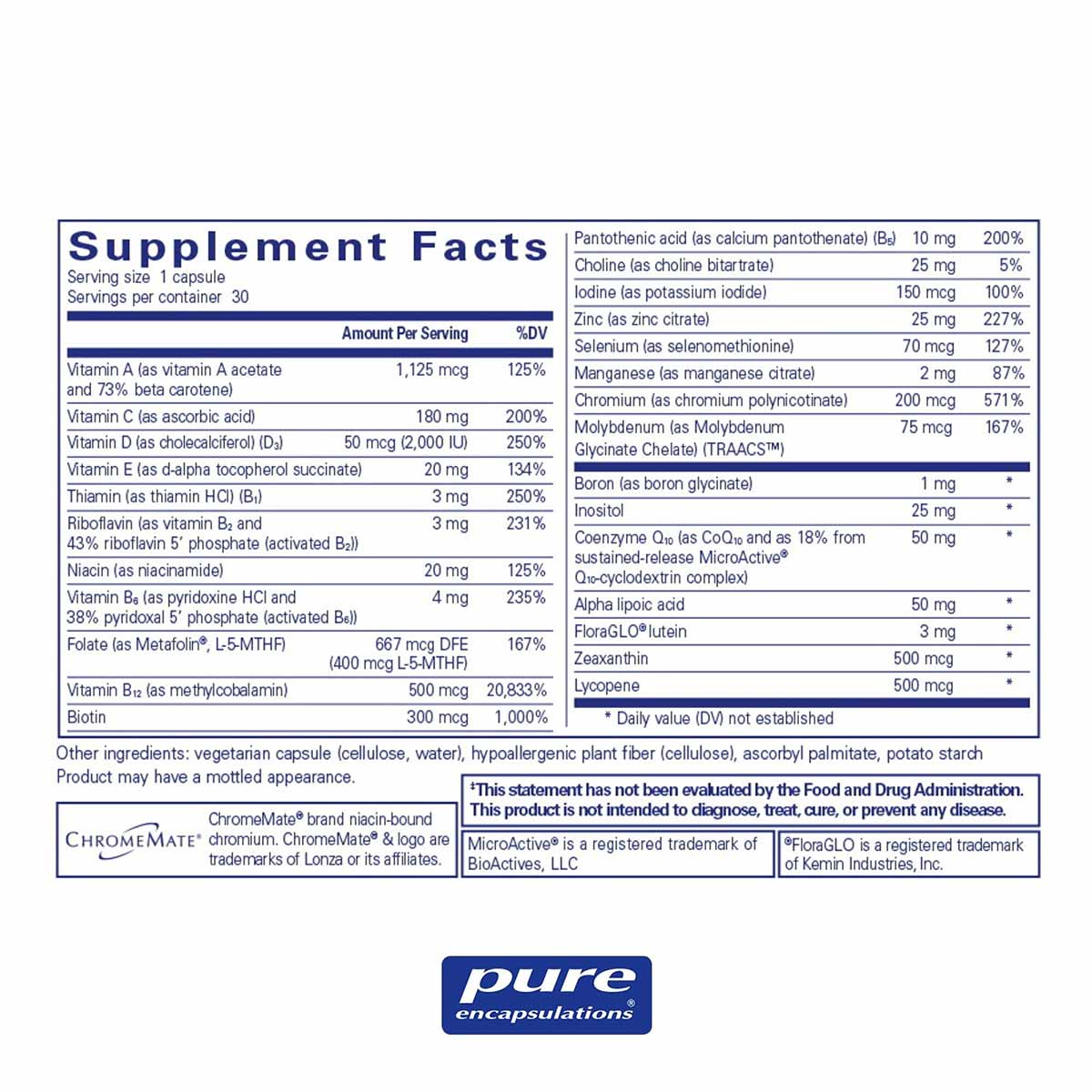 Supplement Facts label for O.N.E. Multivitamin by Pure Encapsulations showing ingredients and daily values.
