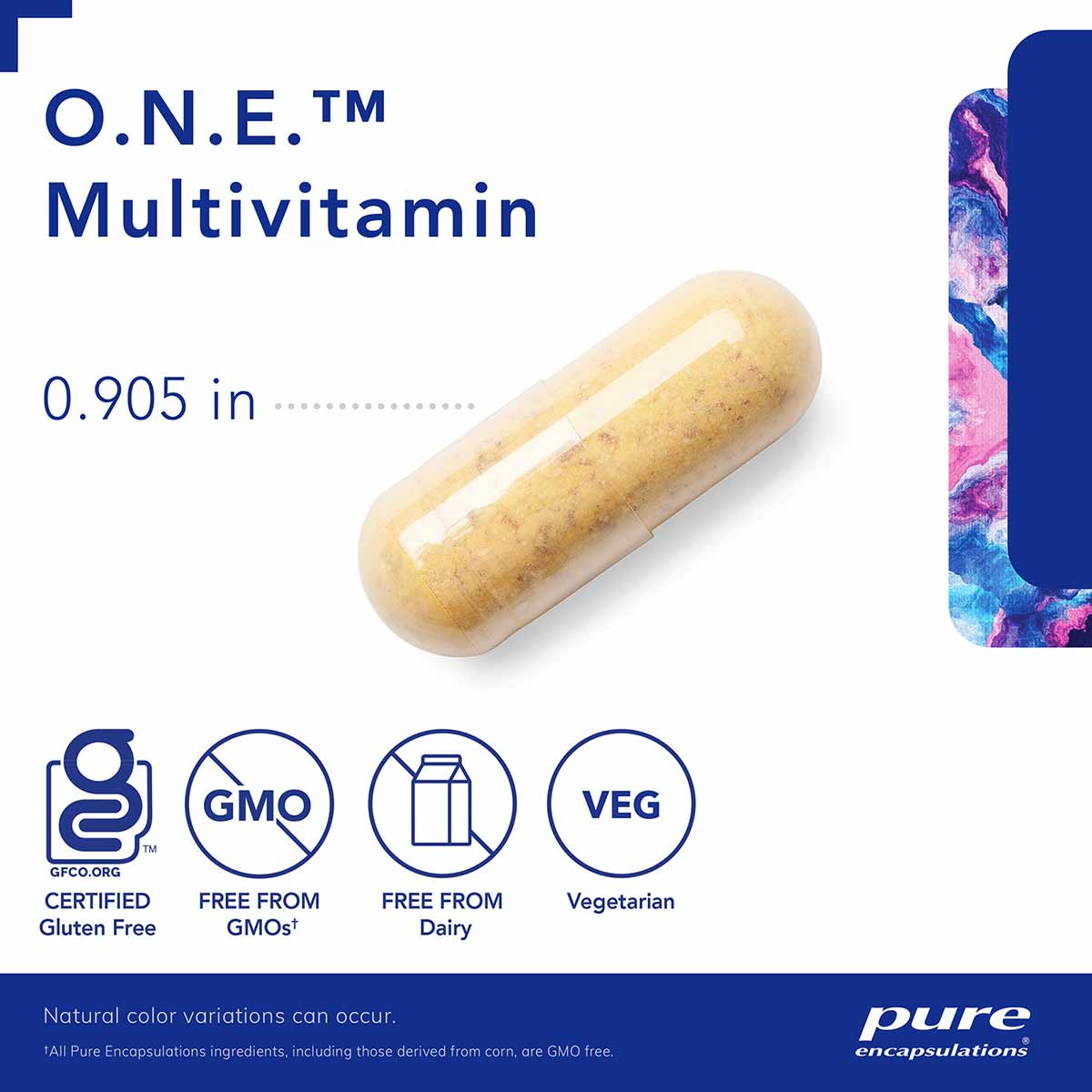 O.N.E. Multivitamin capsule, 0.905 inches, gluten-free and vegetarian formula.