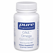 White bottle of Pure Encapsulations O.N.E. Omega dietary supplement containing 30 softgel capsules.