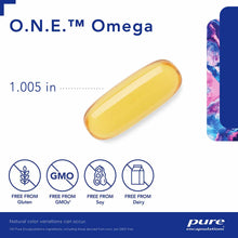 Yellow oval softgel capsule labeled O.N.E. Omega, 1.005 inches, with gluten-free, GMO-free, soy-free, and dairy-free indicato