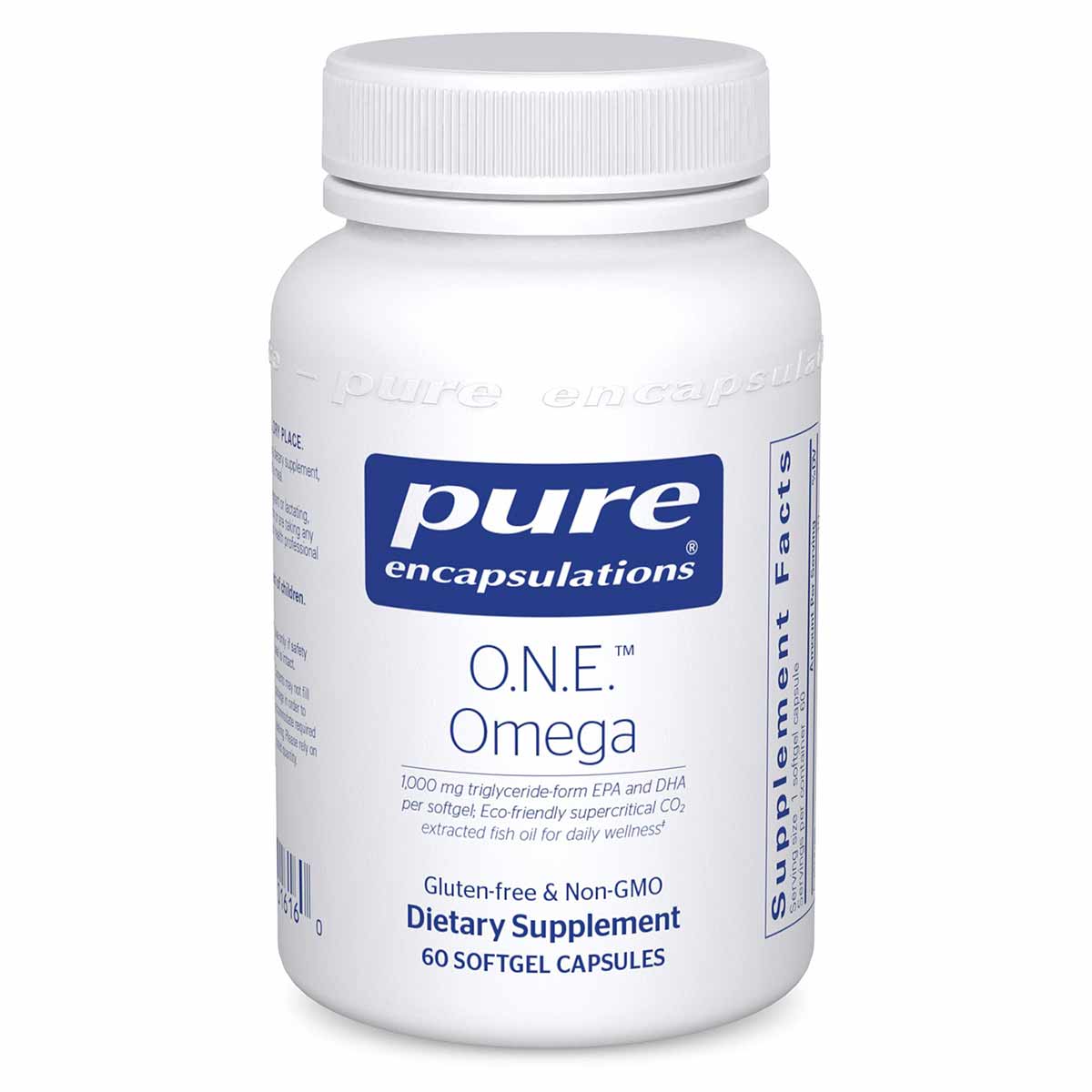White plastic bottle of Pure Encapsulations O.N.E. Omega dietary supplement with white screw cap and blue label, containing 6