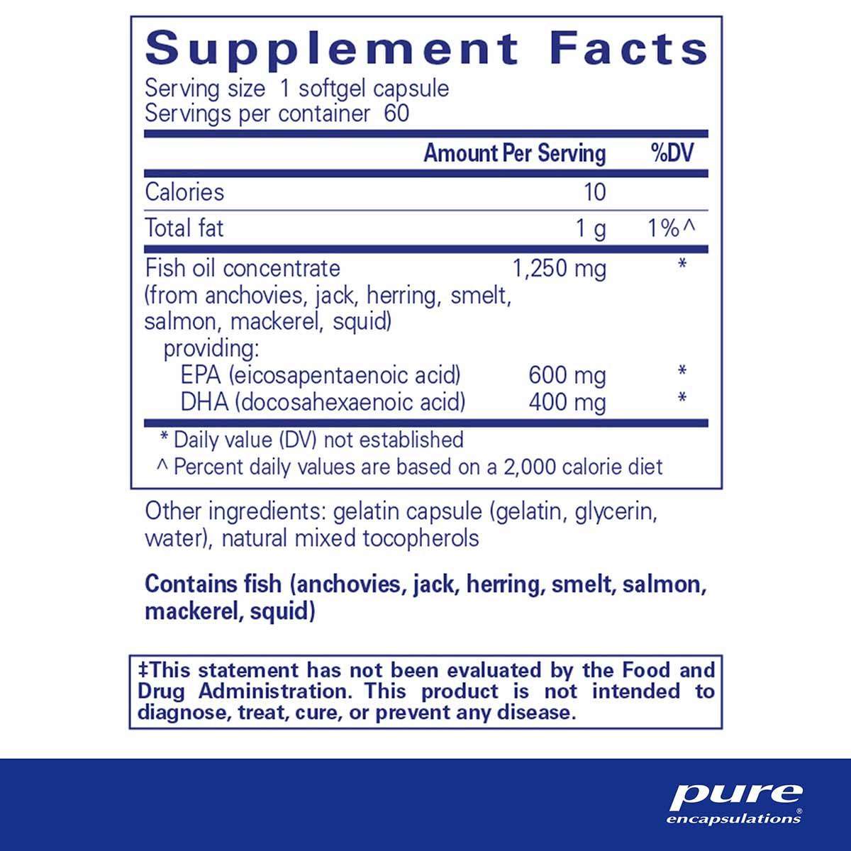 Supplement Facts label for O.N.E. Omega softgel capsules showing fish oil concentrate with EPA and DHA.