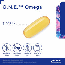 Single yellow oval softgel capsule labeled O.N.E. Omega by Pure Encapsulations, 1.005 inches long.