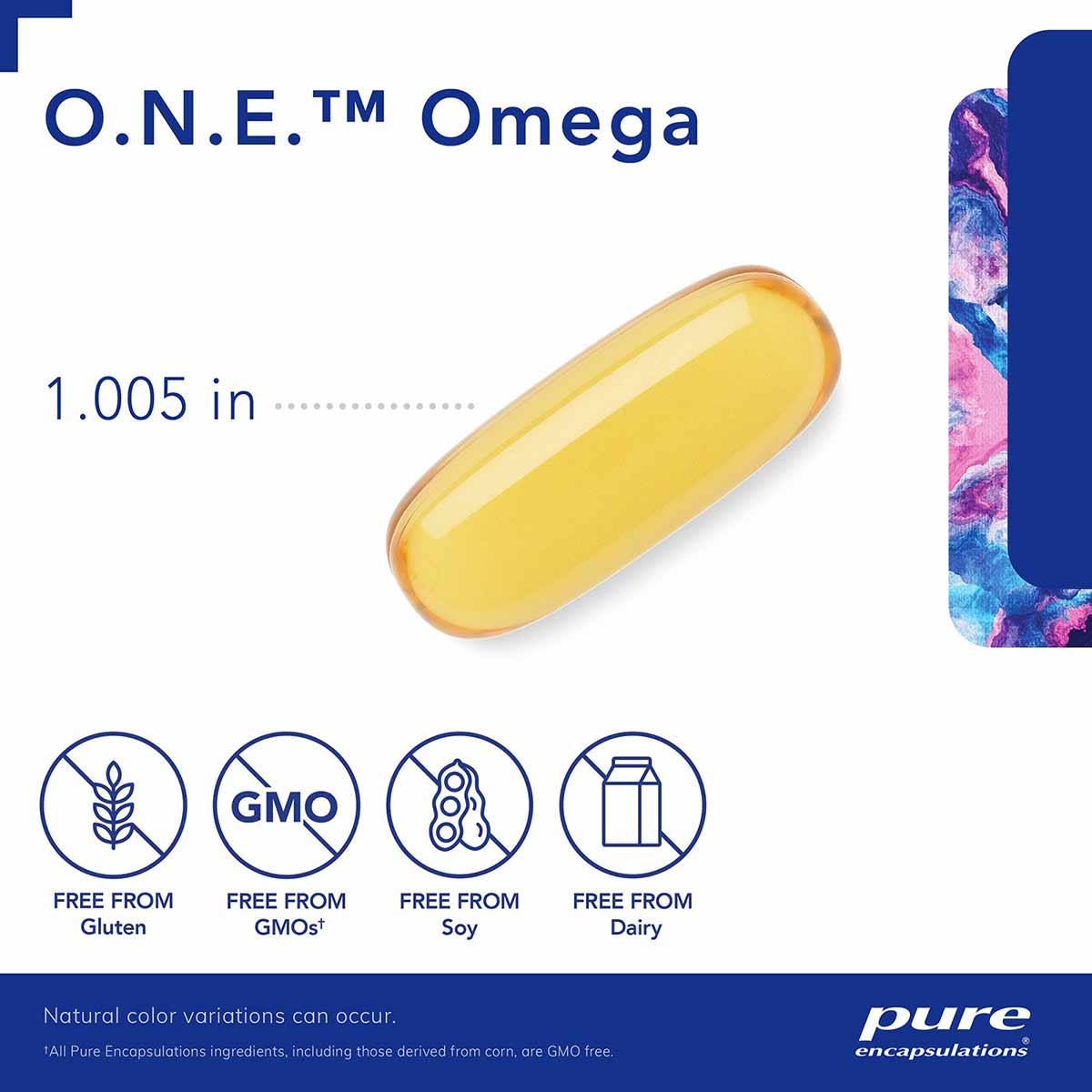 Single yellow oval softgel capsule labeled O.N.E. Omega by Pure Encapsulations, 1.005 inches long.
