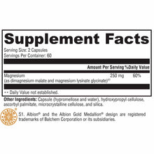Supplement facts label for OptiMag 125 showing magnesium 250 mg per serving of 2 capsules, with 60 servings per container.