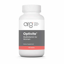 White plastic bottle of Optivite multivitamin for women by Allergy Research Group containing 180 tablets.
