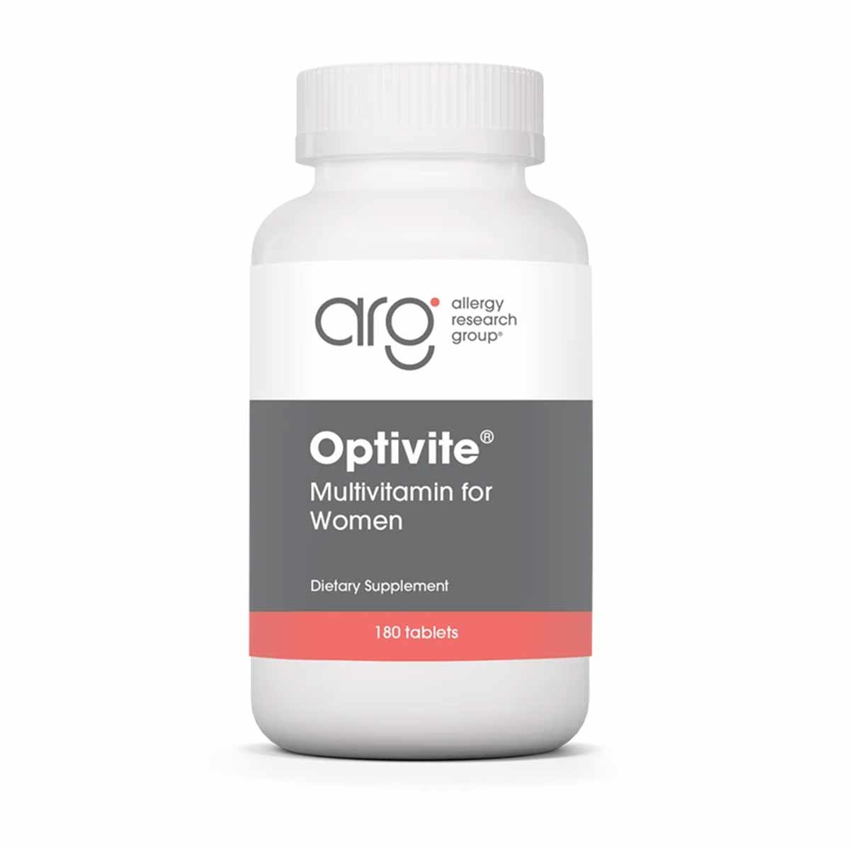 White plastic bottle of Optivite multivitamin for women by Allergy Research Group containing 180 tablets.
