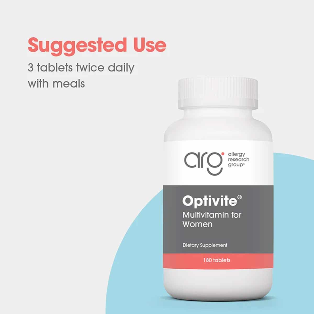 White bottle of Optivite multivitamin for women by Allergy Research Group containing 180 tablets.