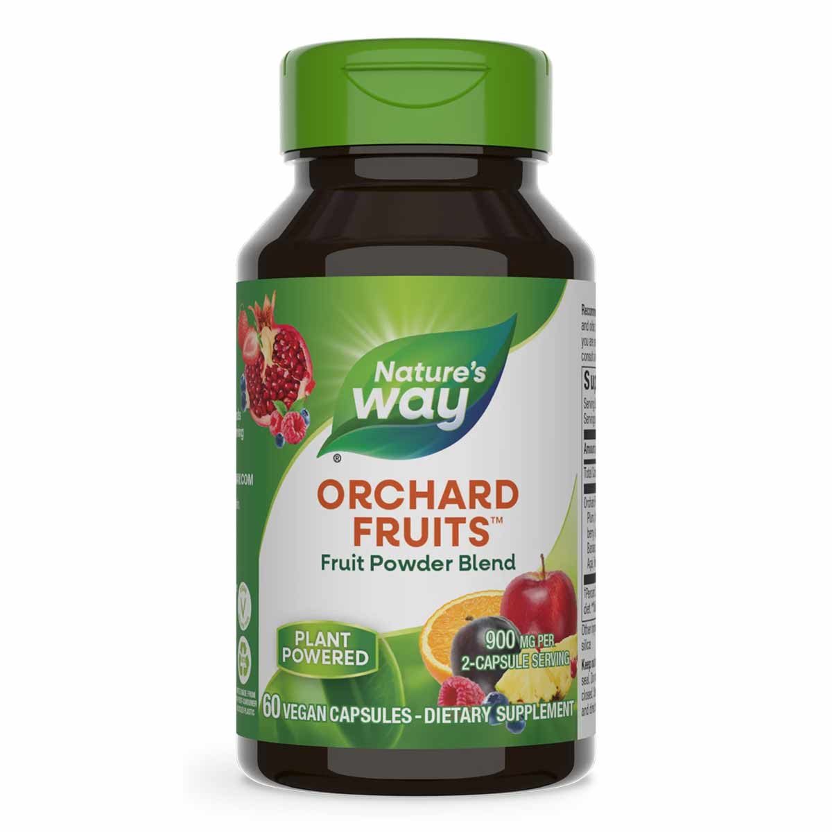 Nature's Way Orchard Fruits fruit powder blend dietary supplement in dark glass bottle with green cap, 60 vegan capsules.