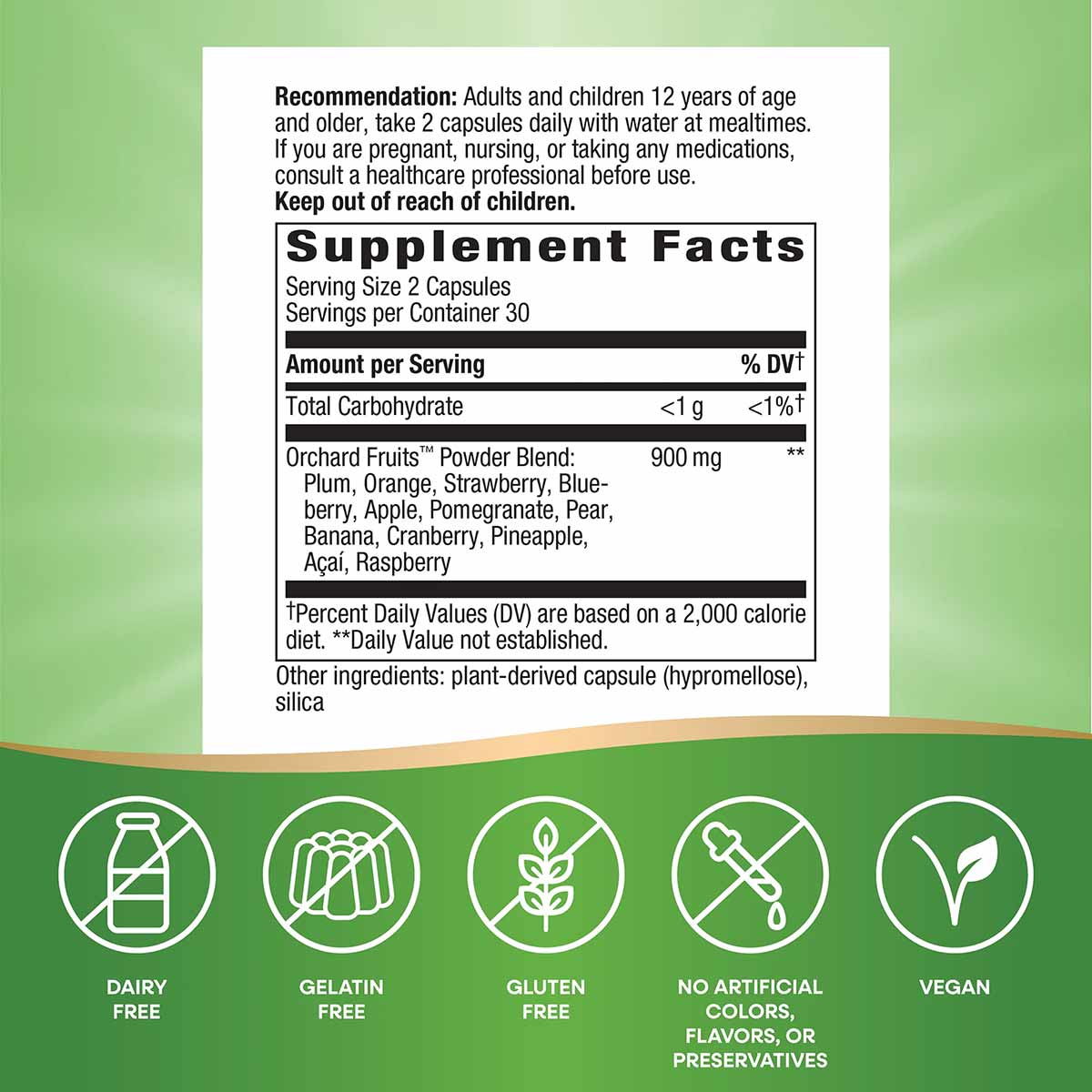 Supplement Facts label for Orchard Fruits capsules listing 900mg fruit powder blend with usage recommendations and ingredient