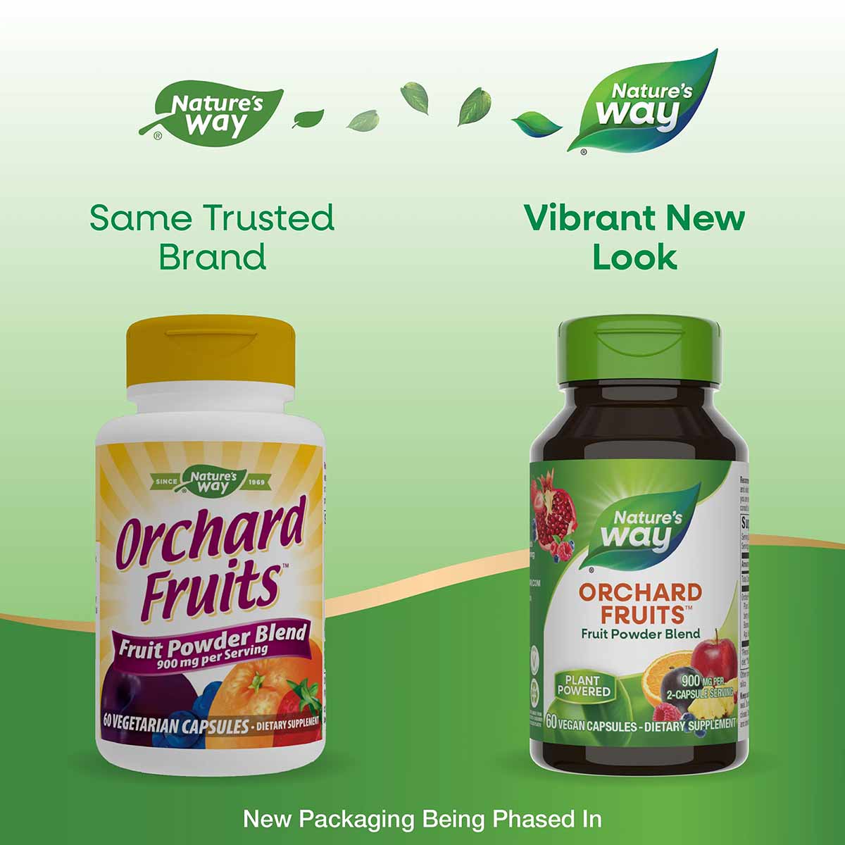 Two bottles of Nature's Way Orchard Fruits dietary supplement capsules side-by-side, showing old tan packaging on left and ne
