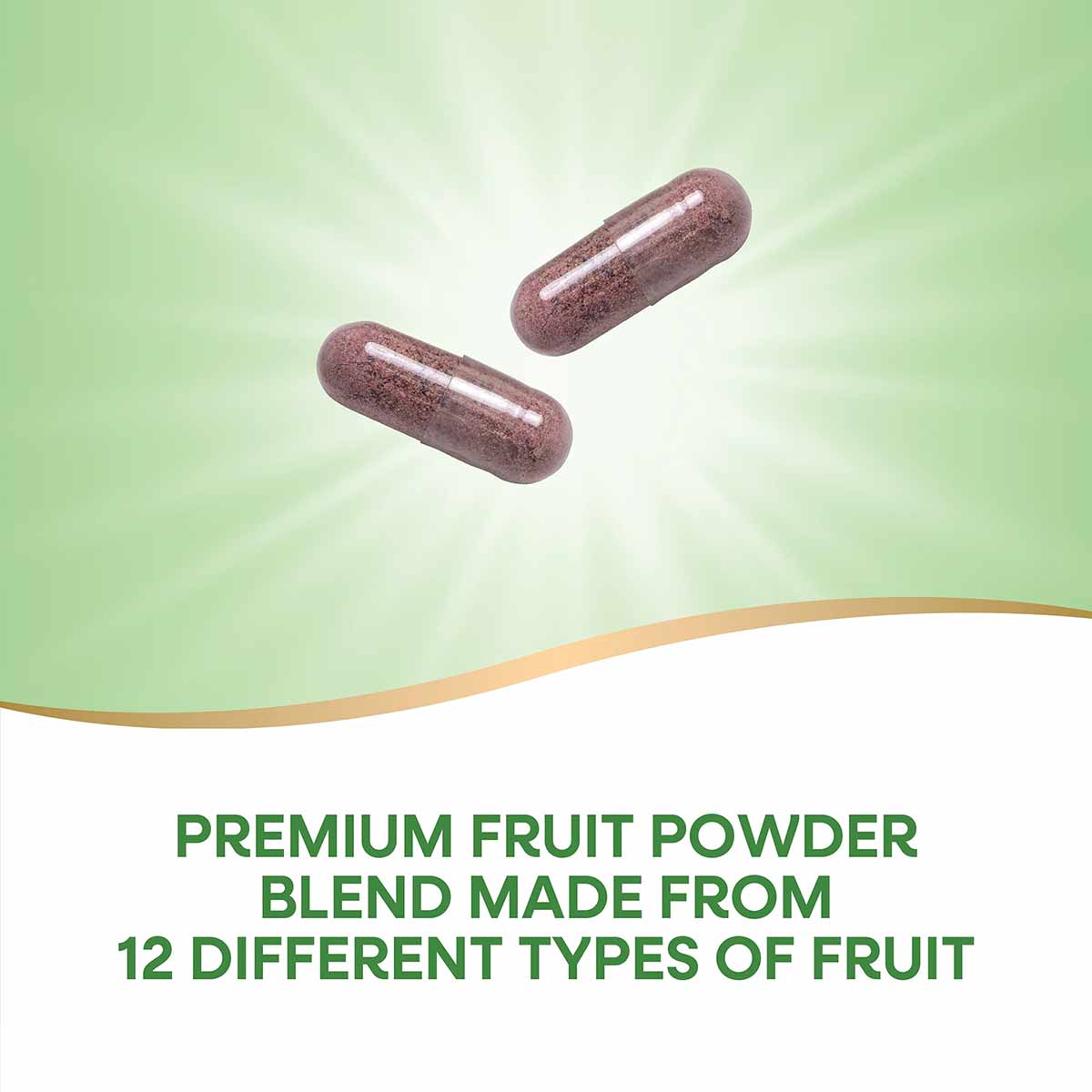 Two burgundy capsules displayed against a green gradient background with text describing premium fruit powder blend.