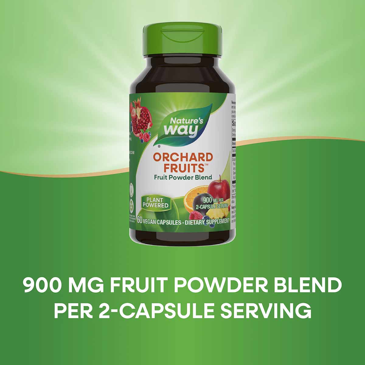 Dark glass bottle with green cap containing 60 vegan capsules of orchard fruits fruit powder blend dietary supplement.
