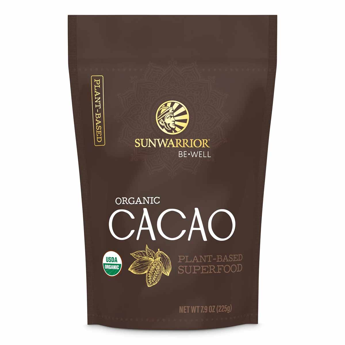 Brown pouch of Sunwarrior Organic Cacao powder with gold logo, USDA organic seal, and cacao pod illustration.