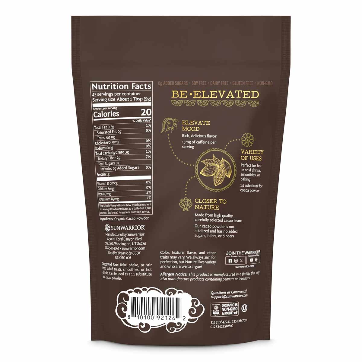 Brown Sunwarrior Organic Cacao powder pouch with nutrition facts, product information, and gold text on front and back.