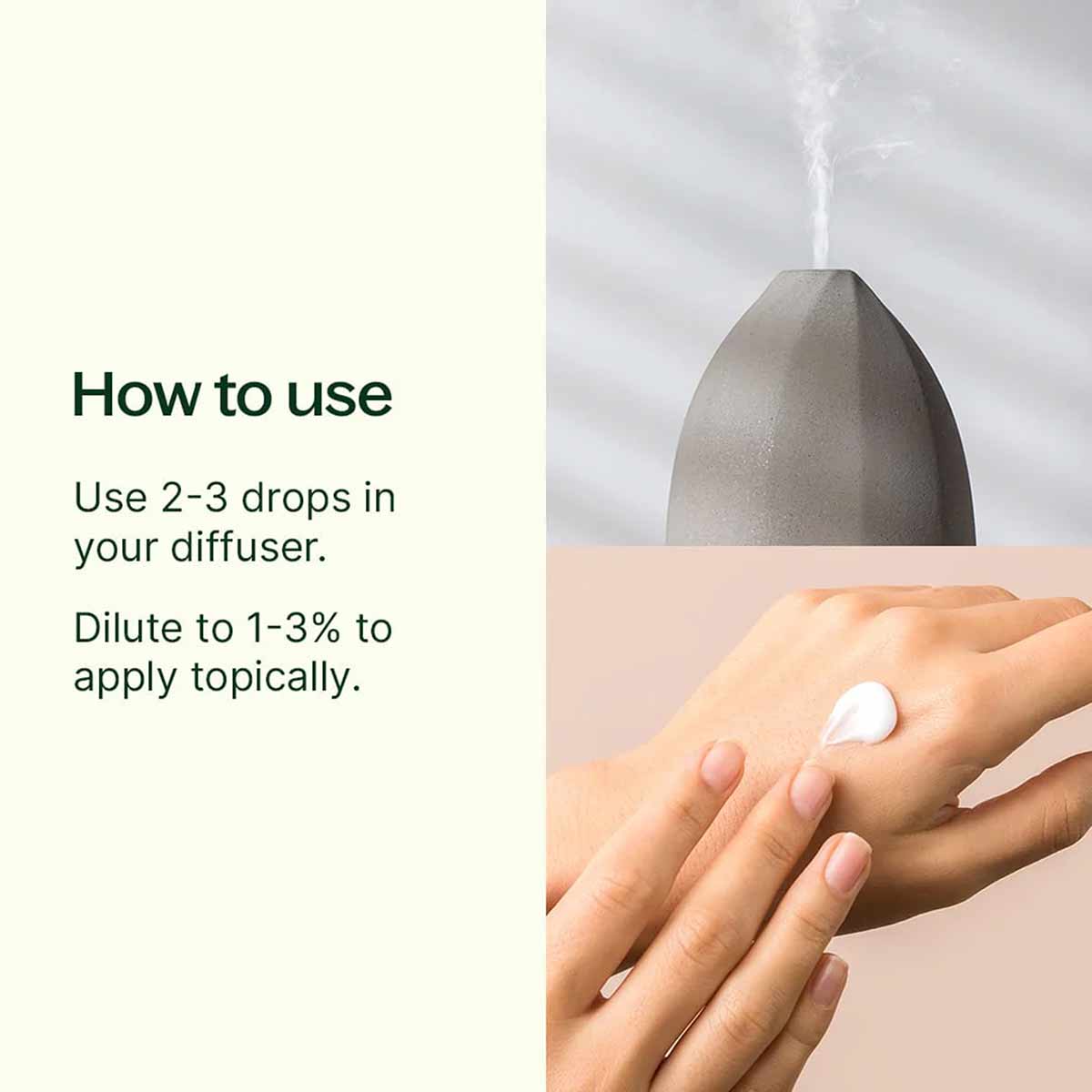 Gray essential oil diffuser with steam rising and white cream being applied to a person's hand.