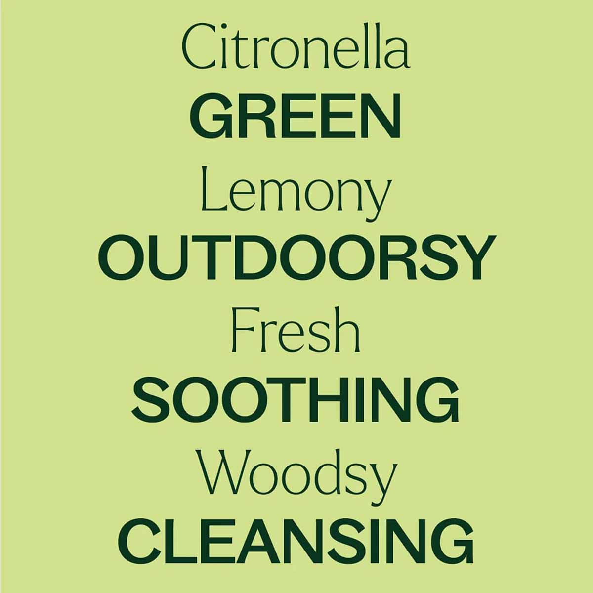 Pale yellow-green background with dark teal text listing descriptive words for citronella essential oil.