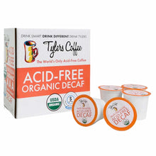 Tylers Coffee box of acid-free organic decaf single-serve pods with orange and white pod containers displayed beside packagin