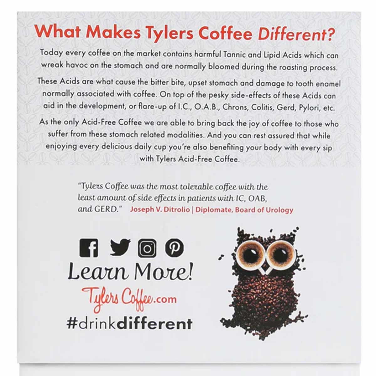 Package back panel for Tylers Coffee organic decaf single serve pods with marketing text and owl logo made from coffee beans.