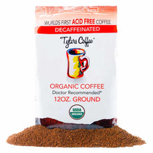 Tylers Coffee 12 oz bag of organic decaffeinated ground coffee with USDA organic seal and pile of ground coffee below.