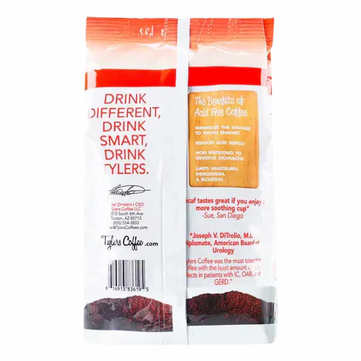 Tylers Coffee organic decaf ground coffee package, 12 oz, with red and white label and visible ground coffee at bottom.