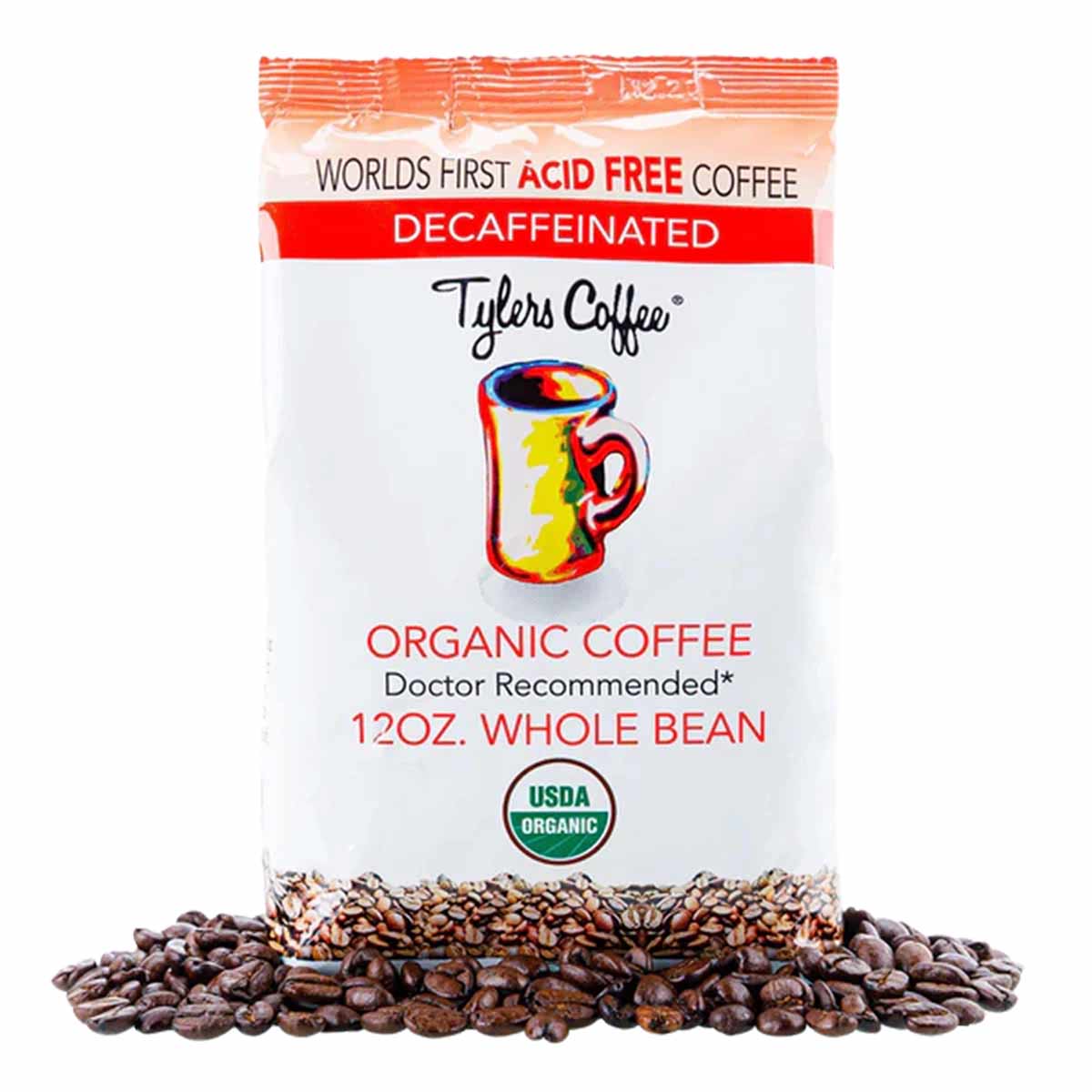 Tylers Coffee 12 oz bag of organic decaf whole bean coffee with USDA organic seal and roasted beans displayed below.