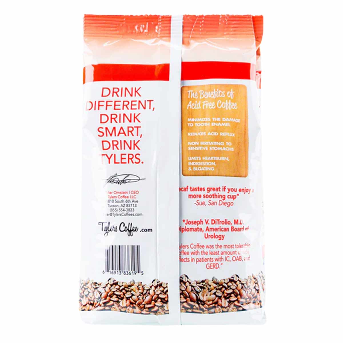 Tylers Coffee 12 oz bag of organic decaf whole bean coffee with red and white packaging showing roasted beans in clear window