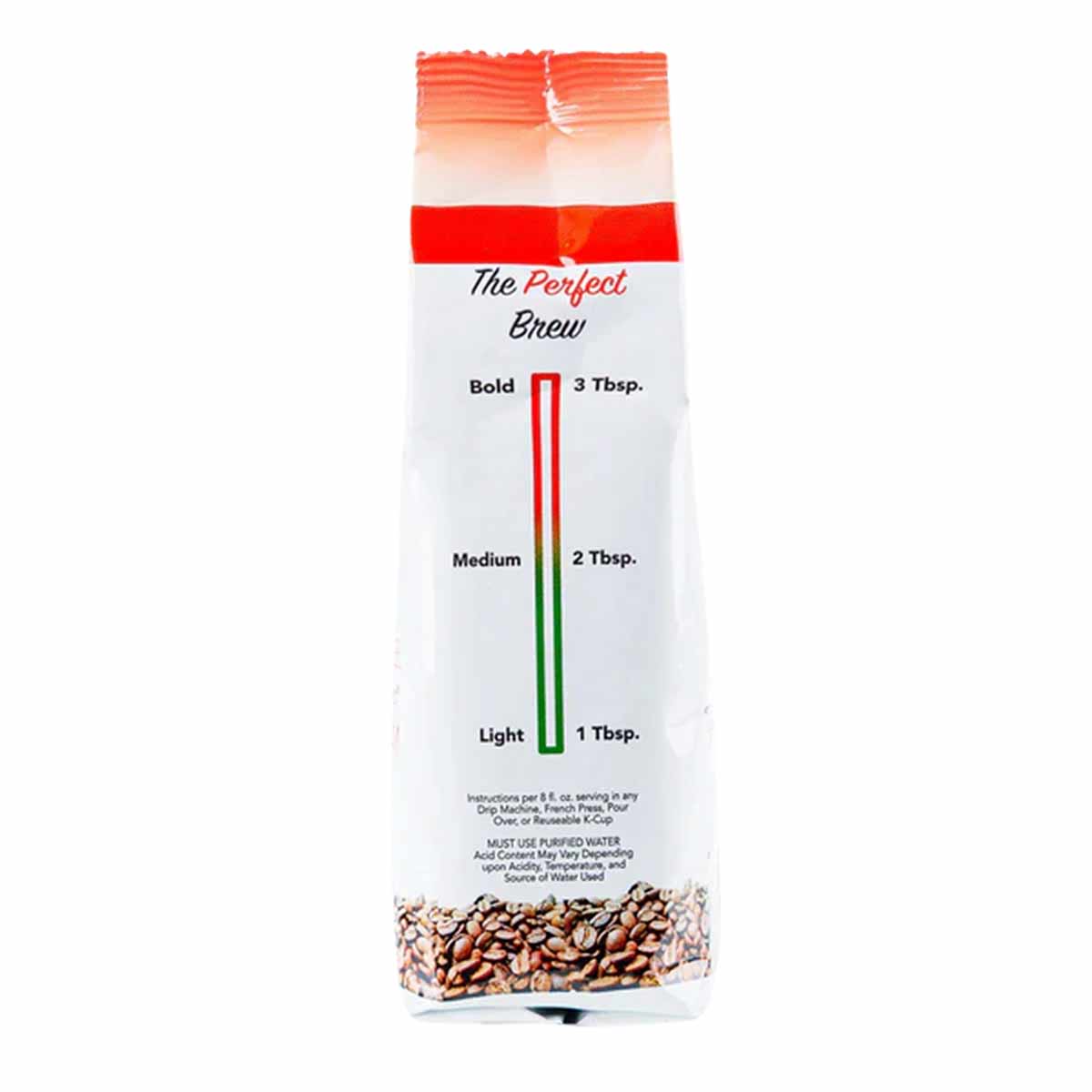 Bag of whole bean coffee with red and white packaging showing brewing instructions and roasted coffee beans visible at bottom