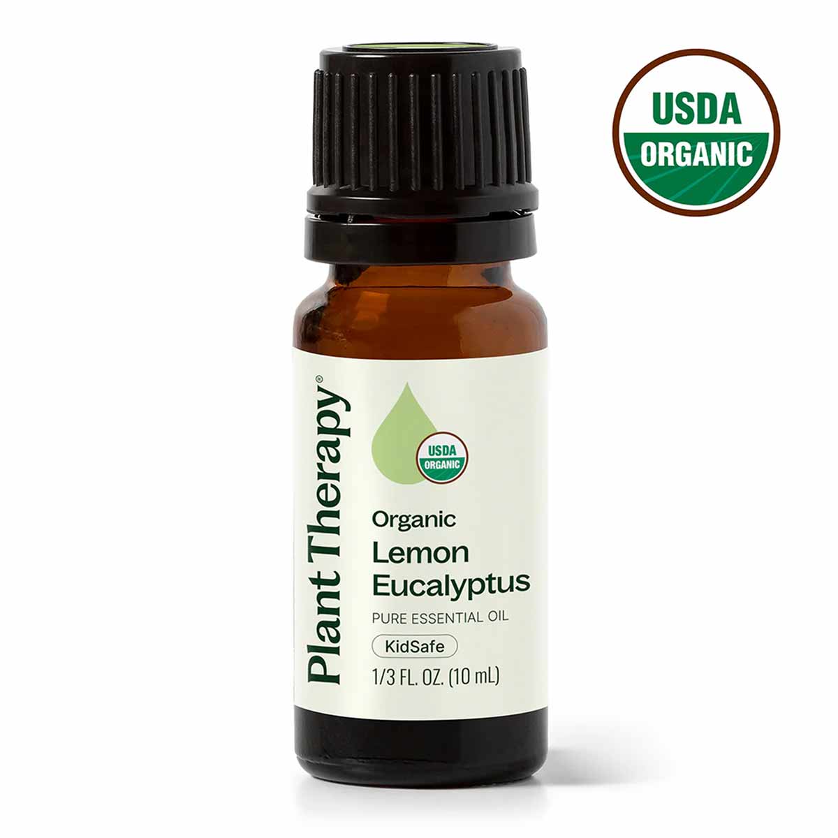Small amber glass bottle with black cap containing lemon eucalyptus essential oil, labeled Plant Therapy with USDA Organic se