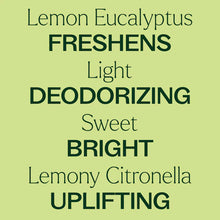 Light green background with dark green text describing lemon eucalyptus essential oil benefits and characteristics.