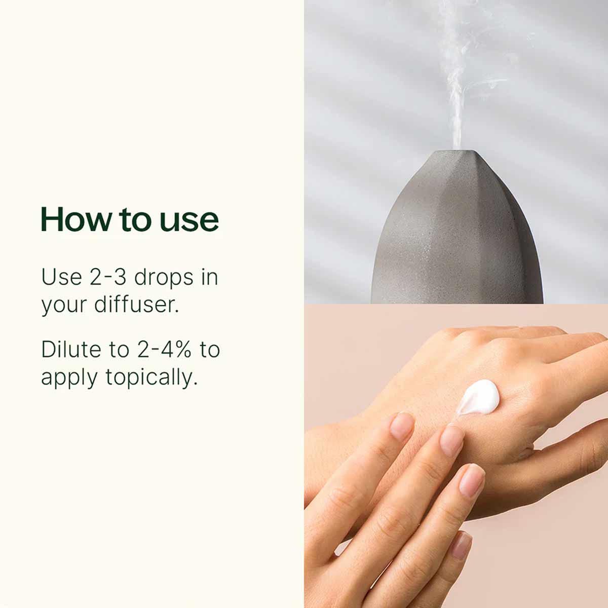 Gray diffuser with mist dispenser and person applying white cream to hand.